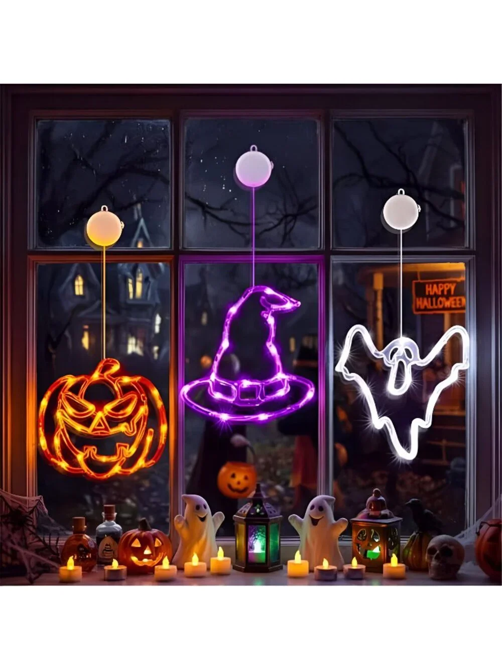 3 Pack Halloween Windows Lights - Pumpkin, Ghost, Hat with Timer